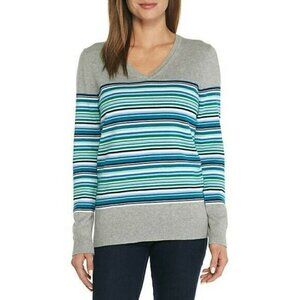 𝅺kim Rogers Women's Cable V-neck Striped Knit Long Sleeve Sweater Gray XL NWT